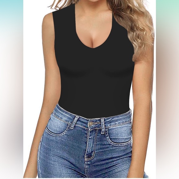 Double lined sleeveless sexy V neck tank tops fashion bodysuits in black size XS - Picture 1 of 10